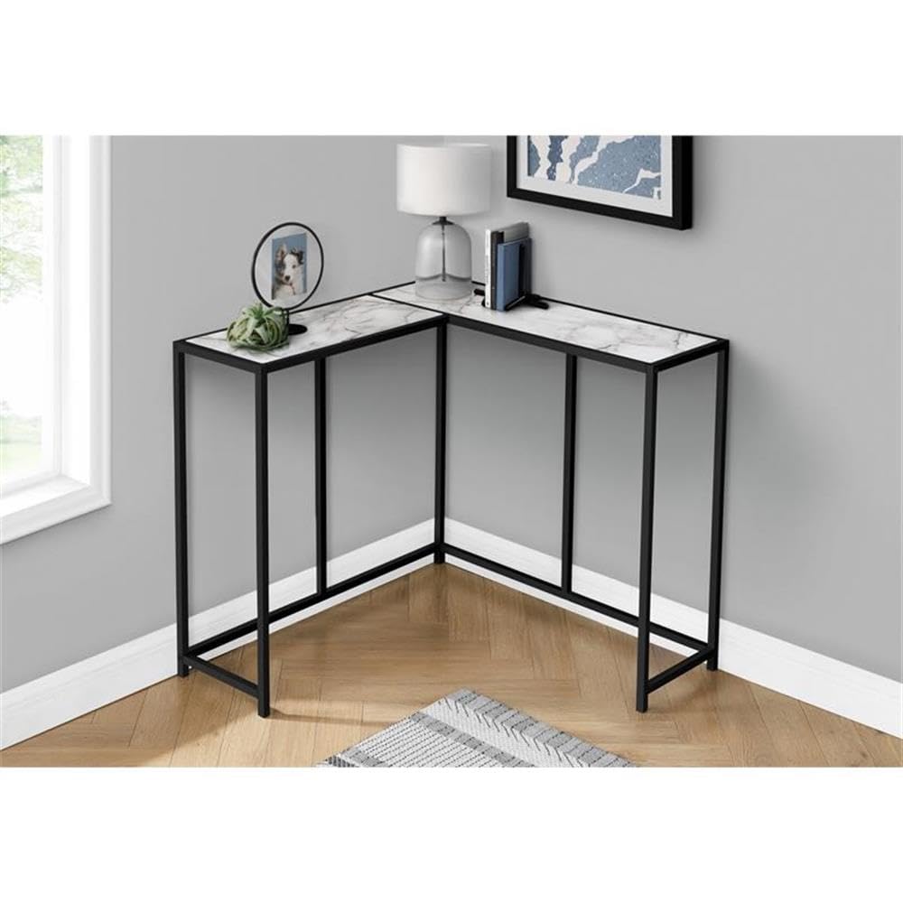 Monarch Specialties I 2159 Accent Table, Console, Entryway, Narrow, Corner, Living Room, Bedroom, Metal, Laminate, White Marble Look, Black, Contemporary